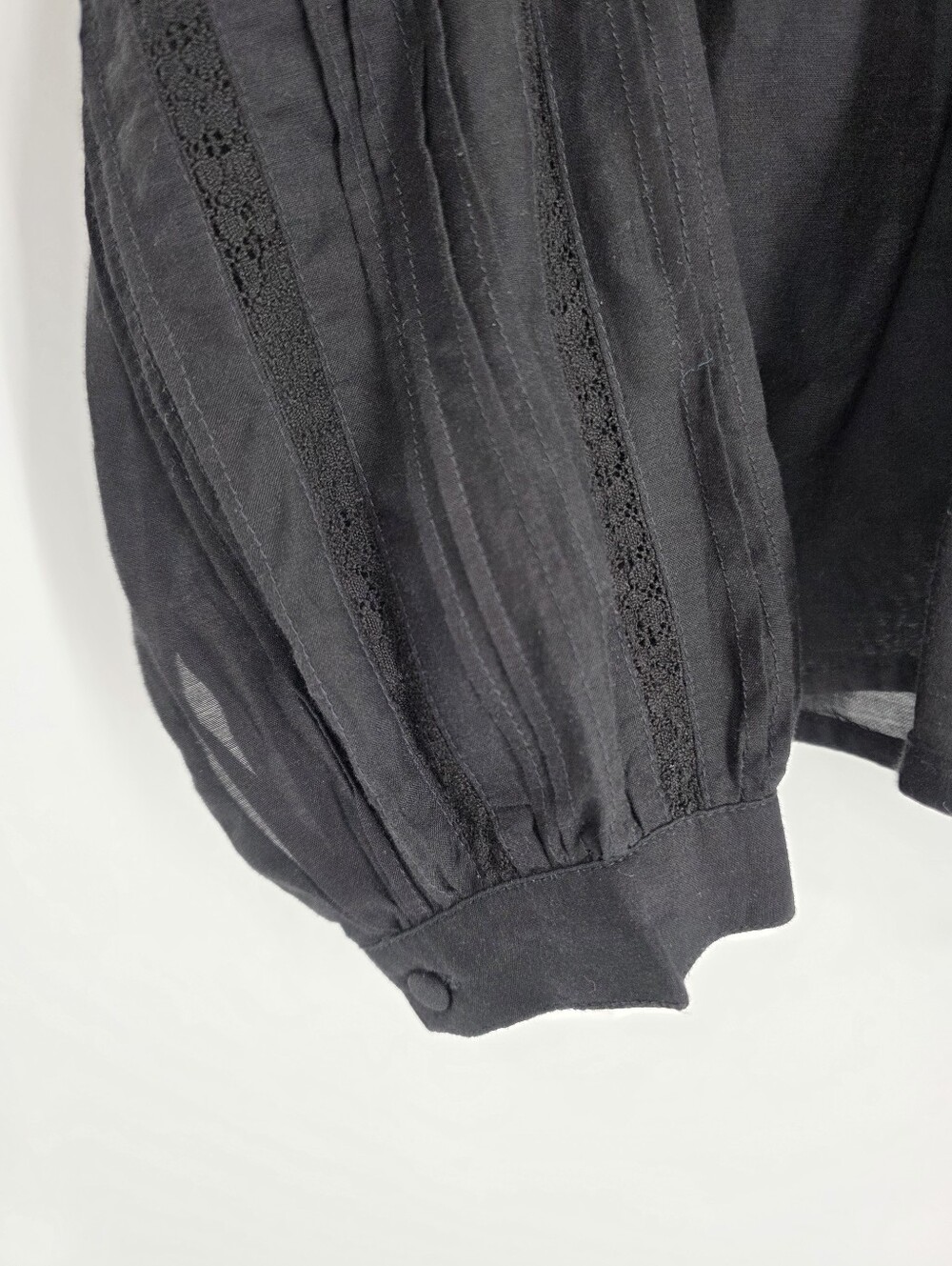 Madewell Black Lace-Insert Ruffled Pintuck Long-Sleeve Top, Sz L - Picture 9 of 15
